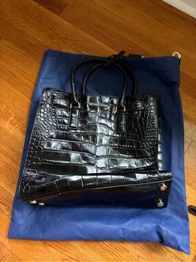 Michael Kors Black Croc-Embossed Tote with Gold Hardware